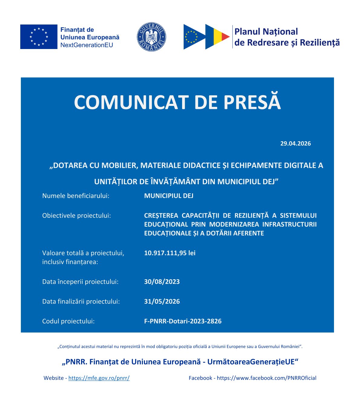 Comunicat de presă „Dotarea cu mobilier, materiale didactice și echipamente digitale a unităților de învățământ preuniversitar și a unităților conexe” 