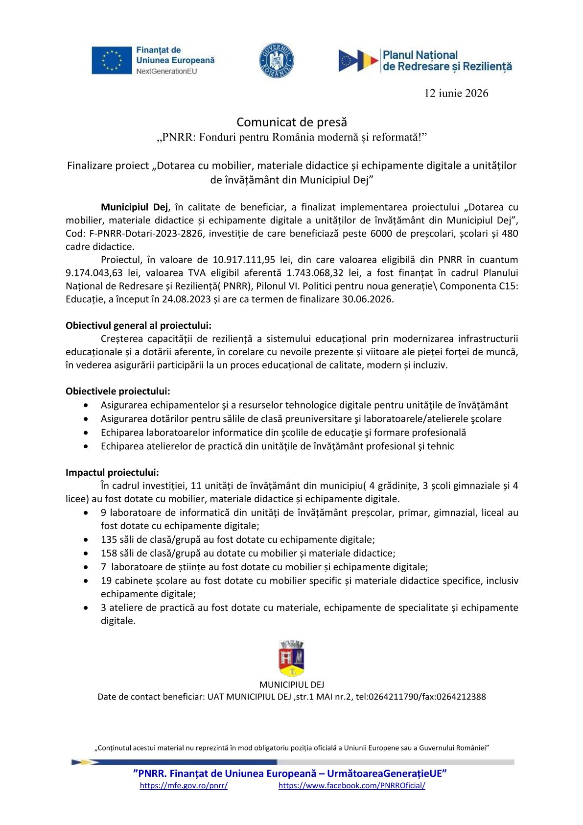 Finalizare proiect „Dotarea cu mobilier, materiale didactice și echipamente digitale a unităților de învățământ din Municipiul Dej”