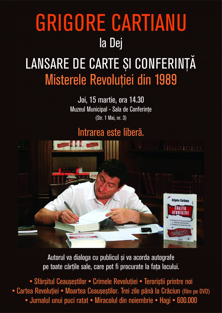 Grigore Cartianu își va lansa cărțile la Dej, unde va vorbi despre “Crimele Revoluției Române”